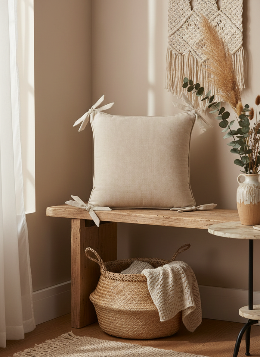 Decorative Throw Pillow Cover with Corner Ribbon Ties