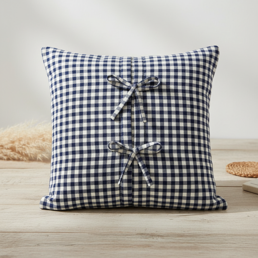Gingham Check Cushion Cover with Double Bows - French Country Farmhouse Decorative Pillow