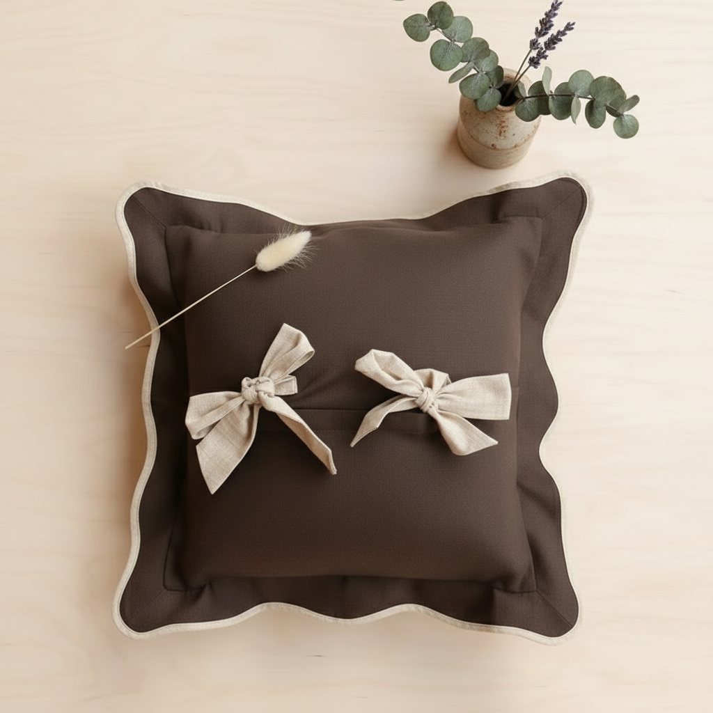 Scalloped Edge Throw Pillow Case with Bows - Luxury Decorative Cushion for Sofa and Bed - Neutral Home Decor