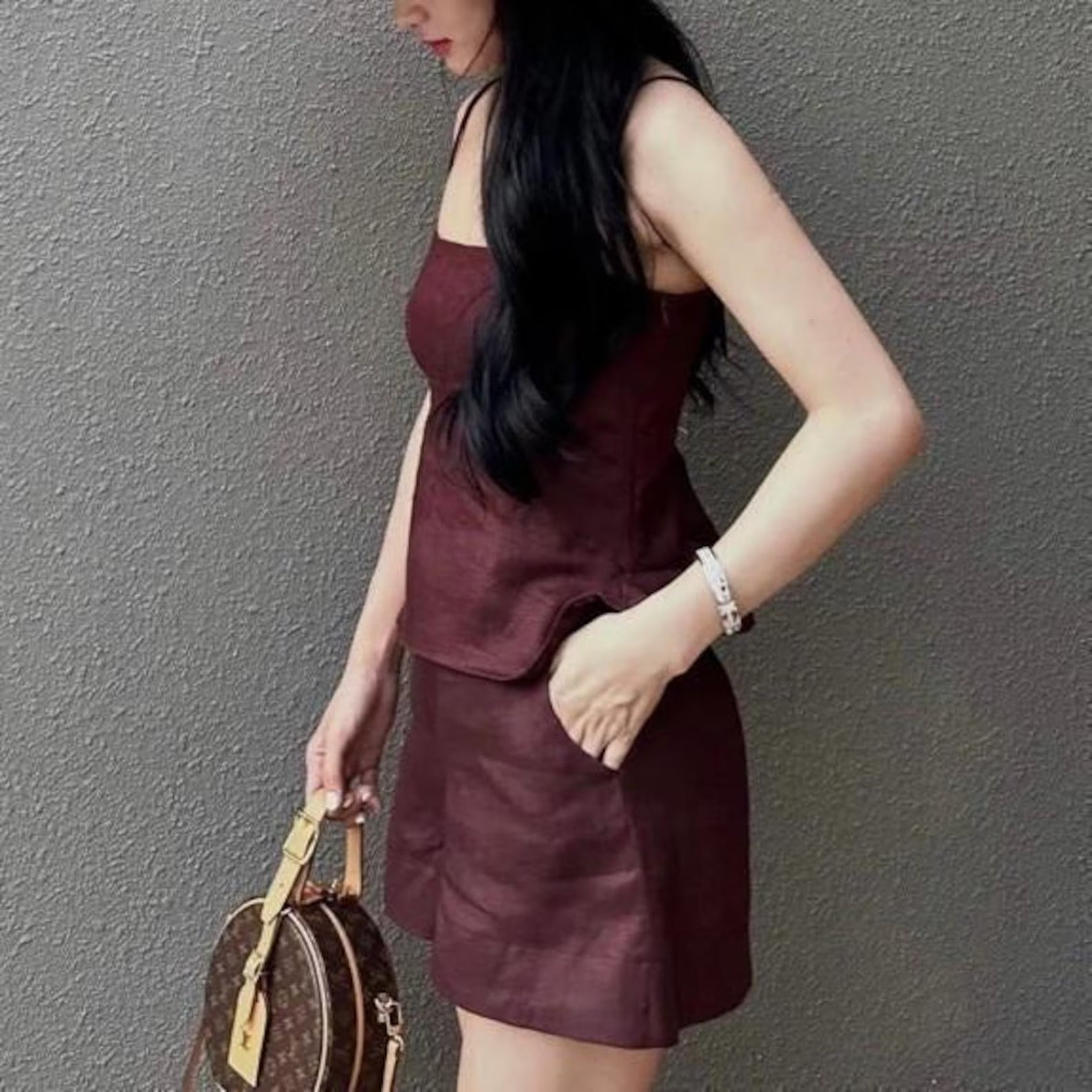 Burgundy two-piece summer linen outfit