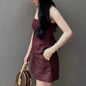 Burgundy two-piece summer linen outfit