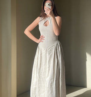 Neutral linen maxi dress with keyhole neckline