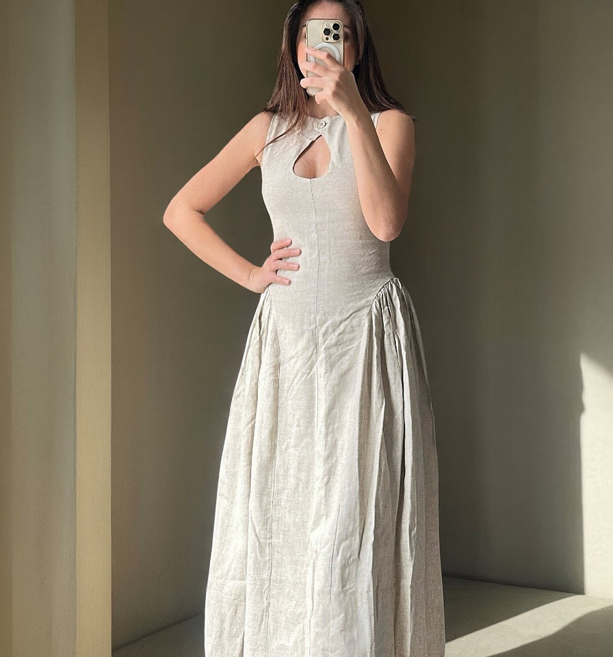 Neutral linen maxi dress with keyhole neckline