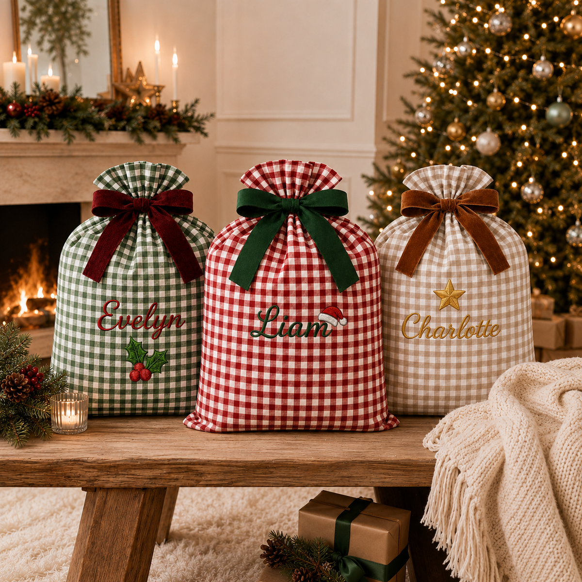 Custom Embroidered Christmas Sack with Name & Holiday Icon | Personalized Gingham Gift Bag with Velvet Bow