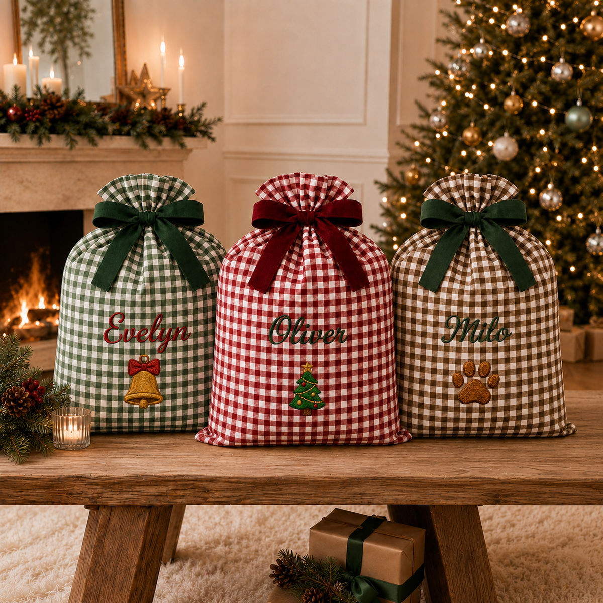Custom Name & Christmas Icon Embroidered Gift Sack | Bell, Tree & Paw Print Gingham Bag with Velvet Bow