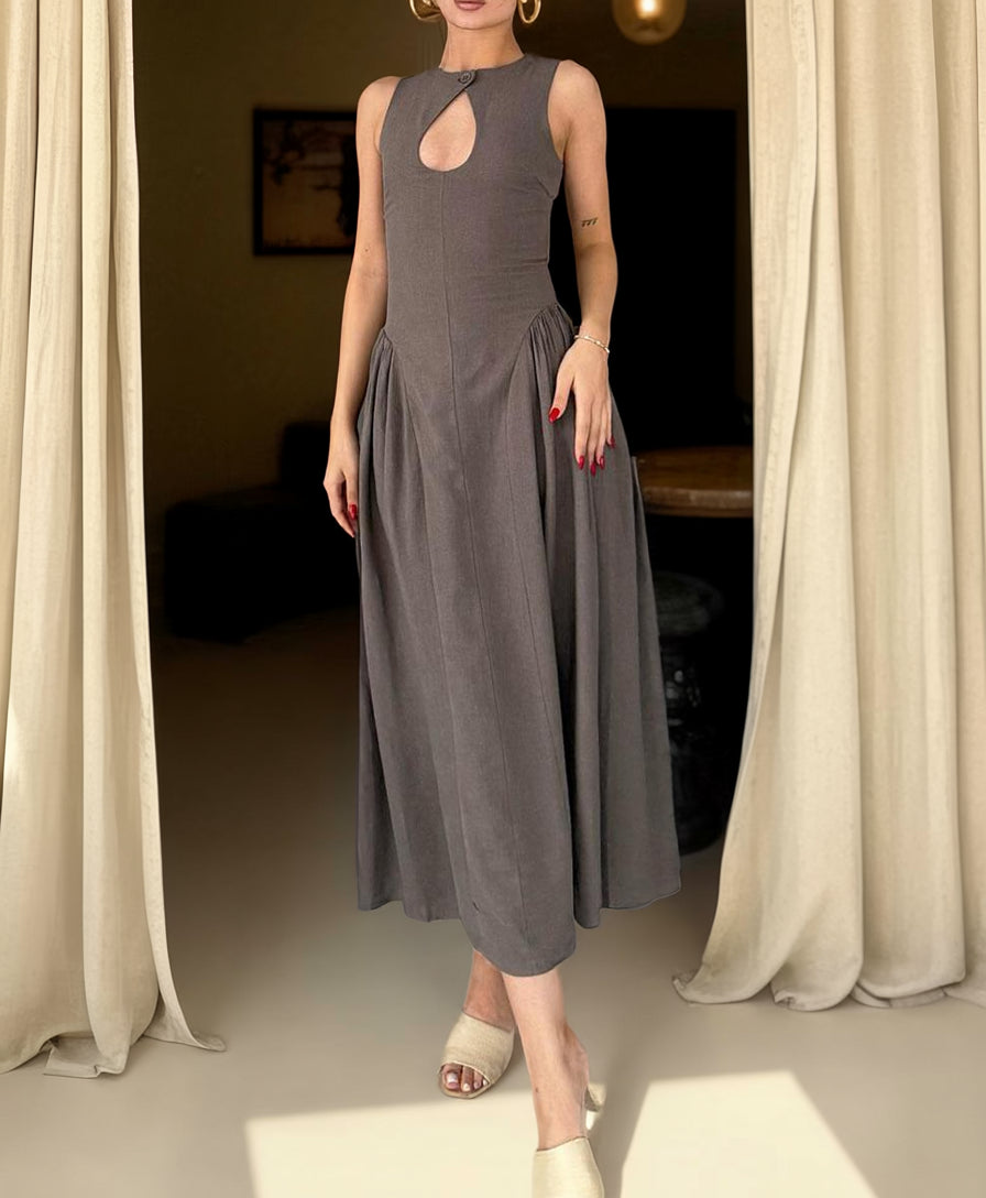  Neutral linen maxi dress with keyhole neckline