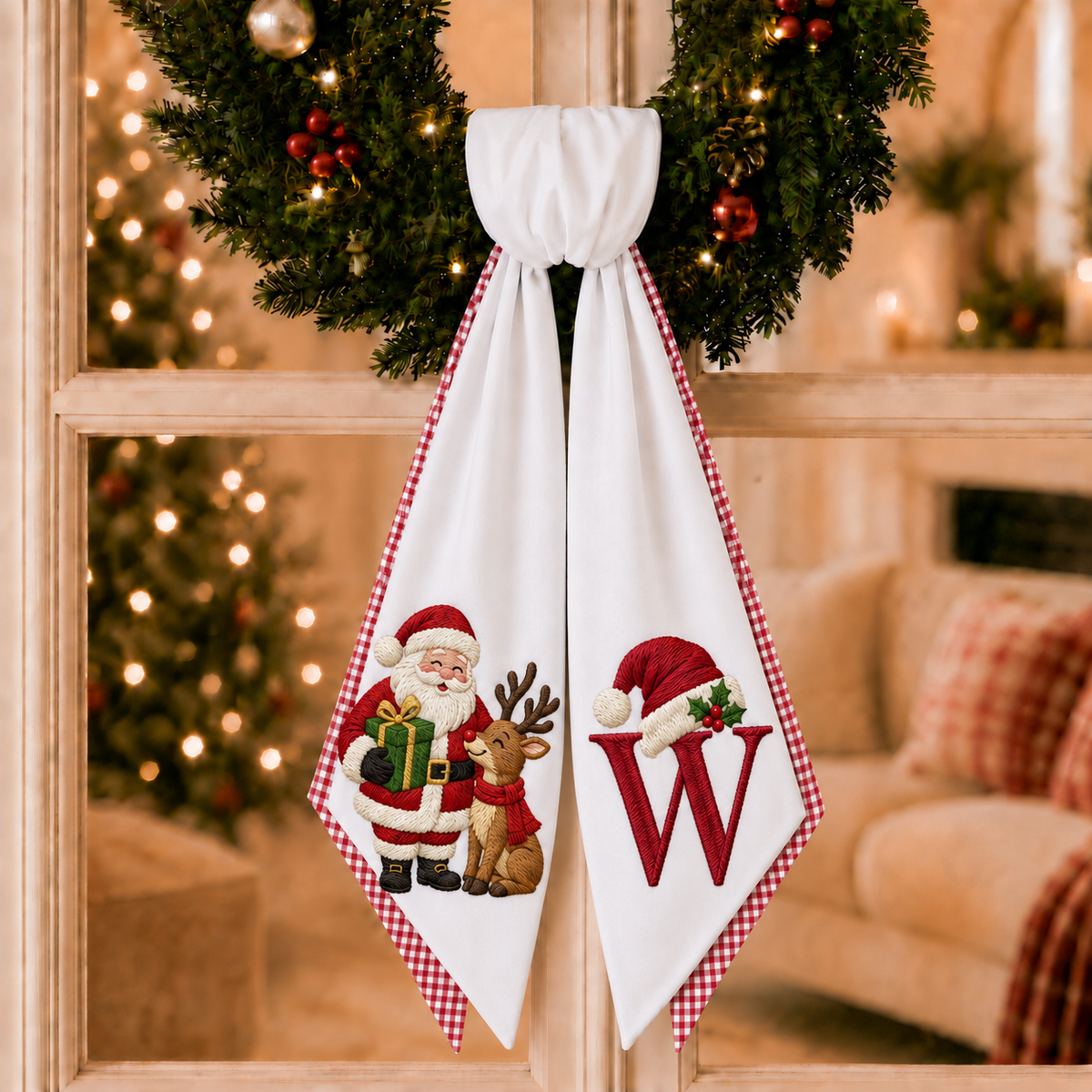 Personalized 2-Layer Christmas Wreath Sash | Custom Embroidered Santa & Reindeer Wreath Bow with Red Gingham Edge – Stripe