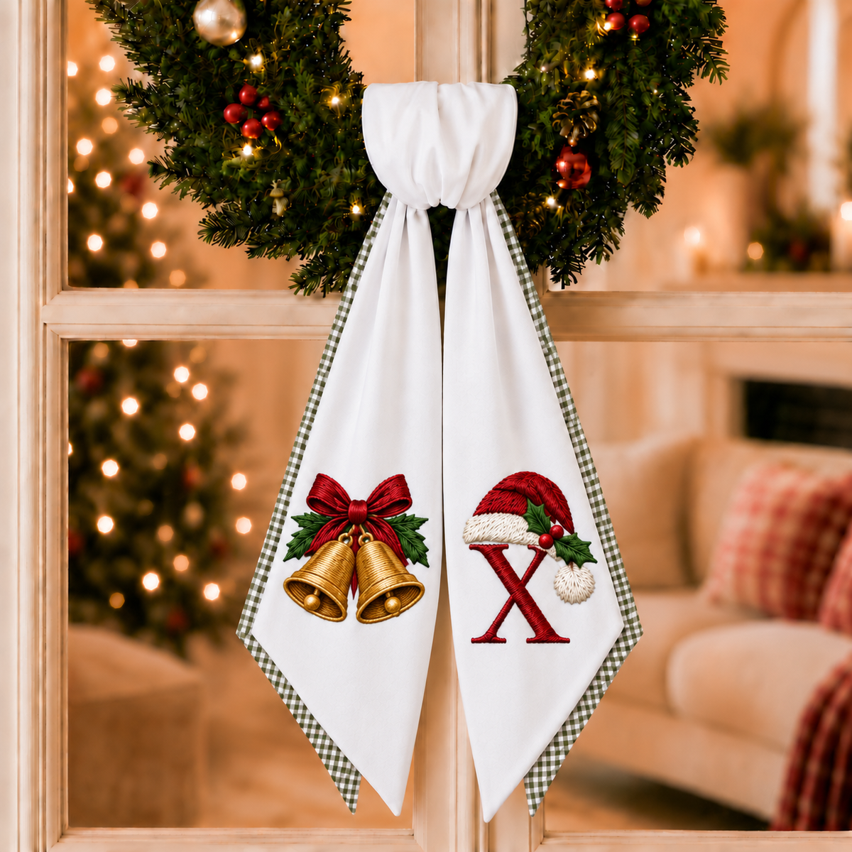 Personalized 2-Layer Christmas Wreath Sash | Custom Embroidered Christmas Bells Wreath Bow with Green Gingham Edge – Stripe