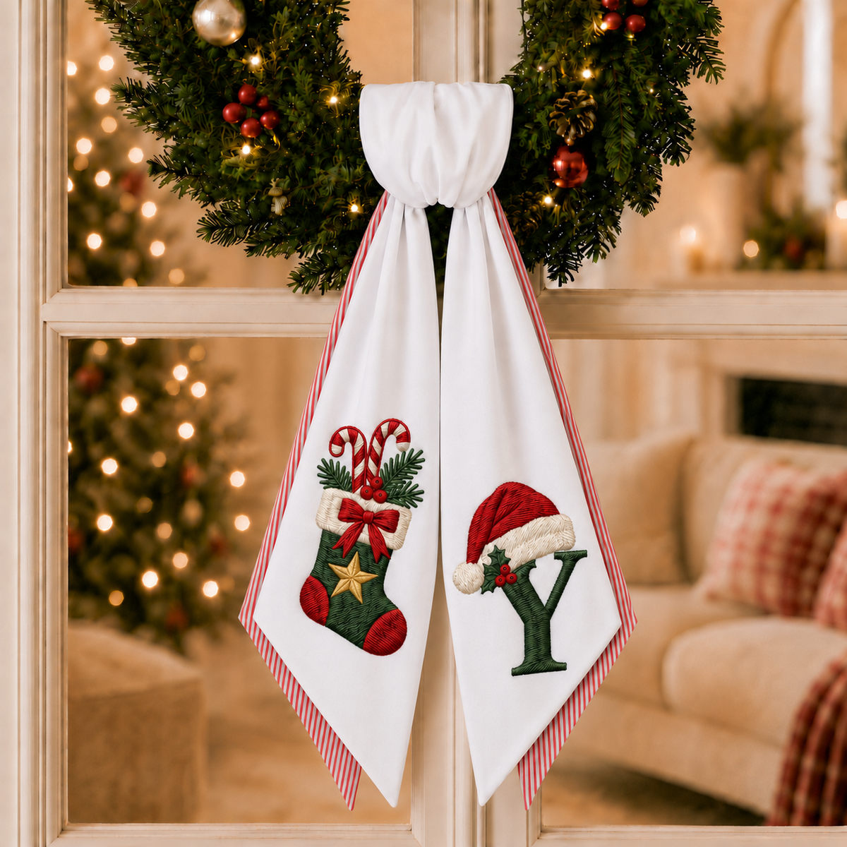 Personalized 2-Layer Christmas Wreath Sash | Custom Embroidered Christmas Stocking Design Wreath Bow with Red Stripe Edge – Stripe
