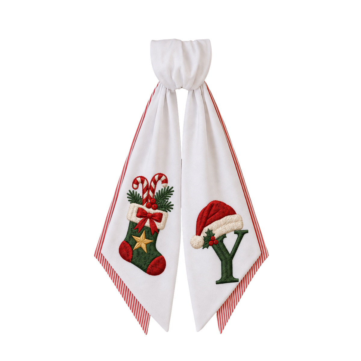 Personalized 2-Layer Christmas Wreath Sash | Custom Embroidered Christmas Stocking Design Wreath Bow with Red Stripe Edge – Stripe