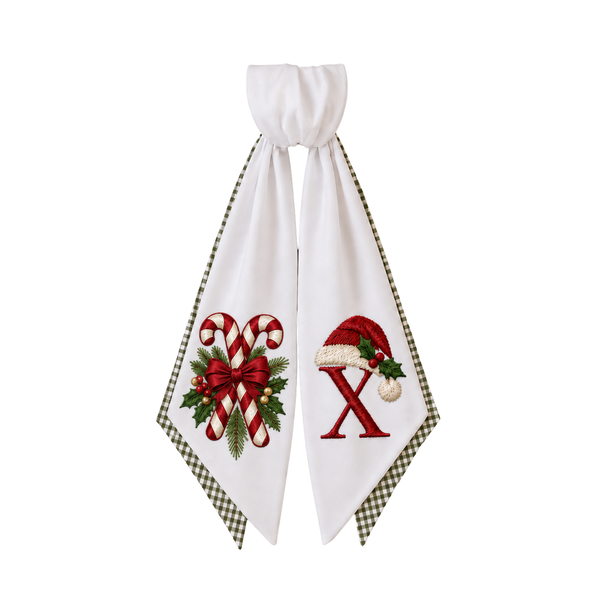 Personalized 2-Layer Christmas Wreath Sash | Custom Embroidered Candy Cane Wreath Bow with Green Gingham Edge – Gingham