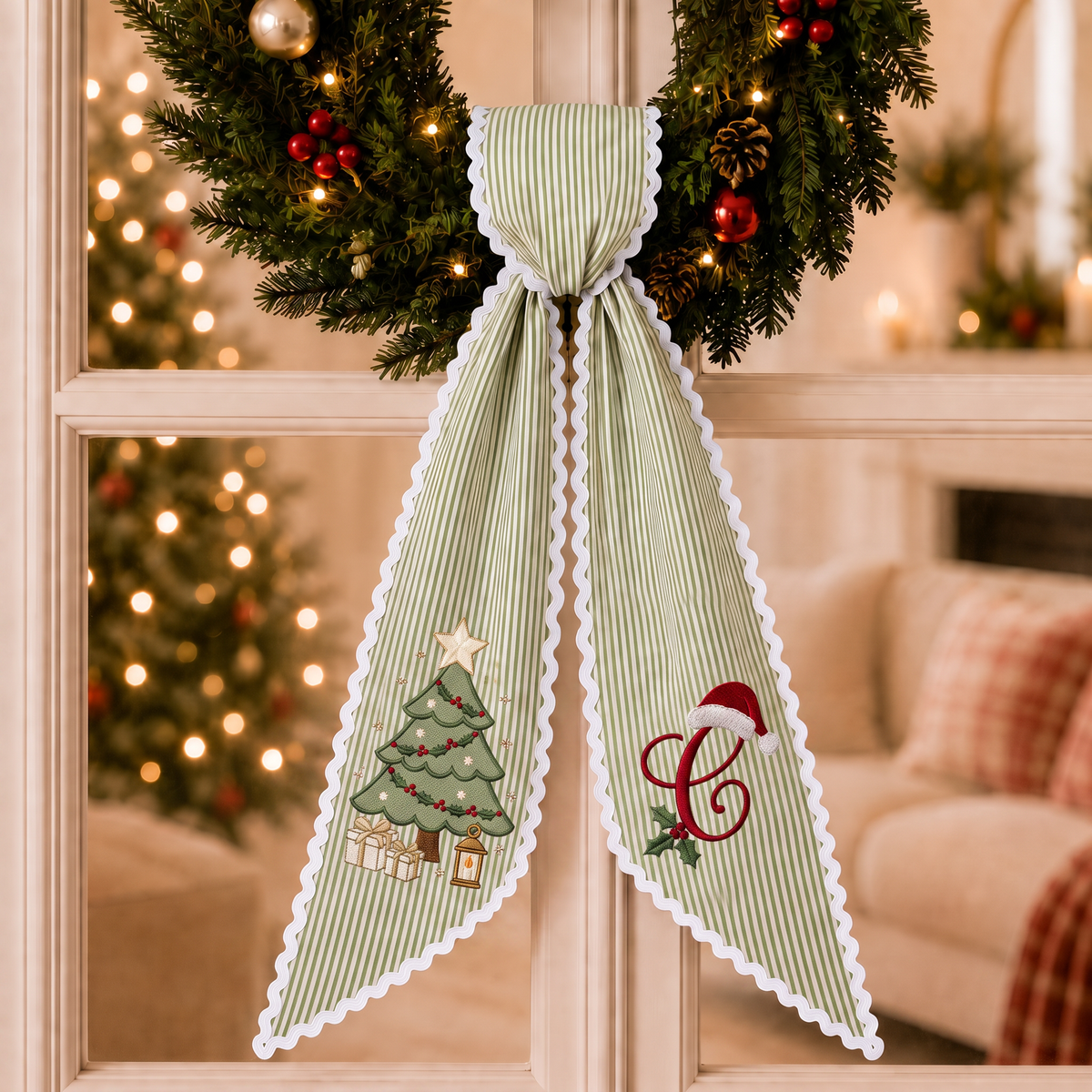 Custom Vintage Christmas Tree Wreath Sash | Personalized Embroidered Green Stripe Wreath Bow with White Scalloped Trim